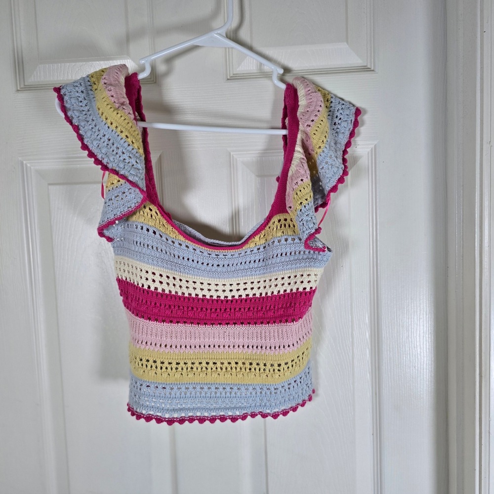 NWT‎ Sincerely Jules Crochet Crop Top Striped Ruffle Sleeve Colorful Knit S